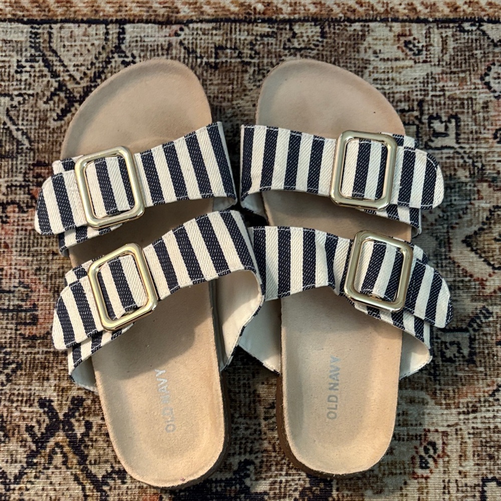 Old Navy Navy and White Striped Double Buckle Slides